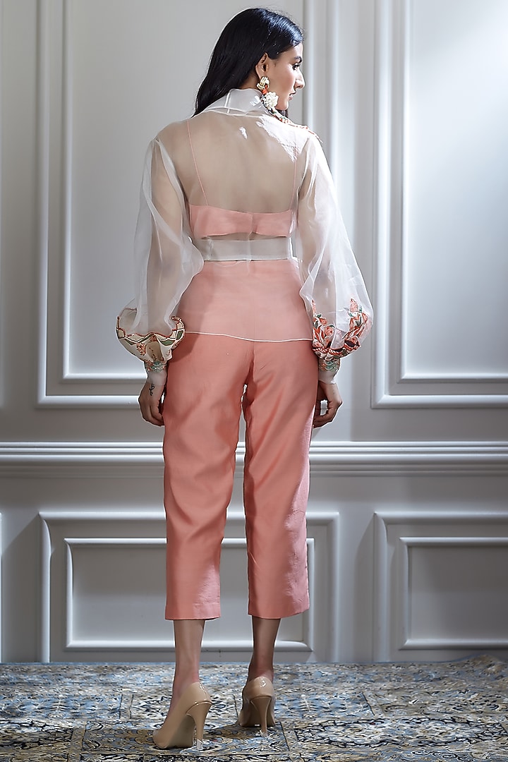 White & Coral Embroidered Jacket Set by Mandira Wirk - Indian at Pernia's Pop Up Shop