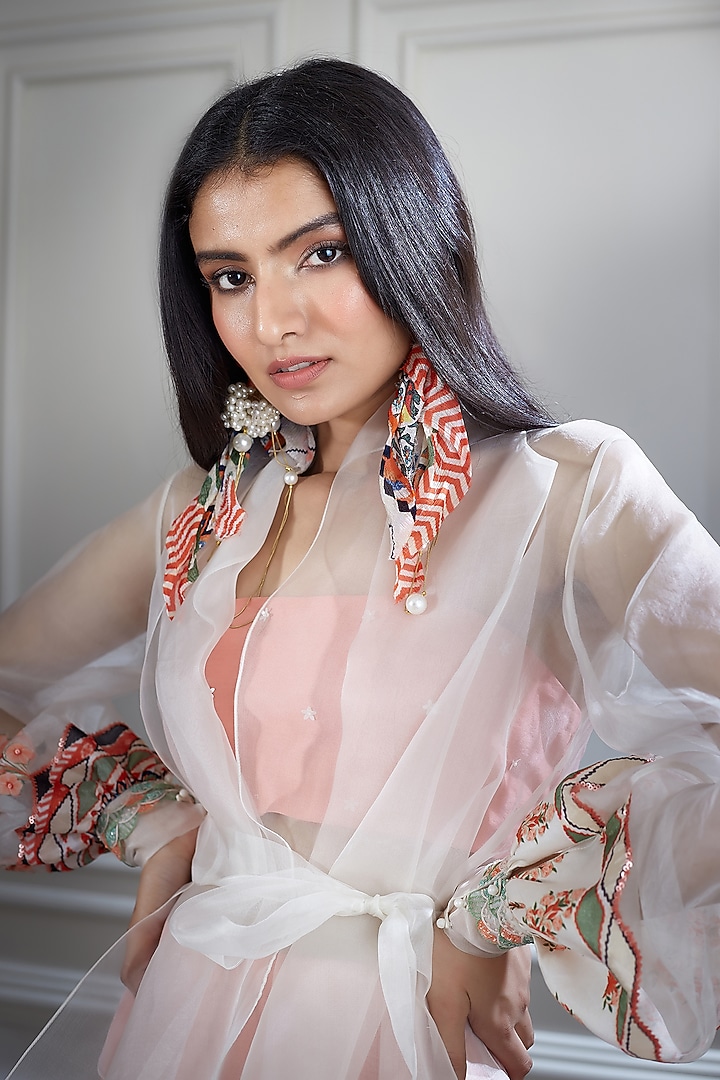 White & Coral Embroidered Jacket Set by Mandira Wirk - Indian at Pernia's Pop Up Shop