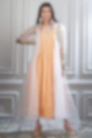 Orange Embroidered Dress With White Jacket by Mandira Wirk
