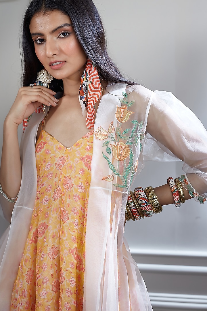 Orange Embroidered Vacation Dress With White Jacket by Mandira Wirk - Indian at Pernia's Pop Up Shop