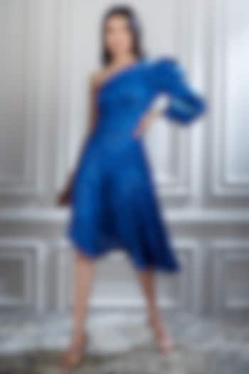 Blue One Shoulder Printed Dress by Mandira Wirk