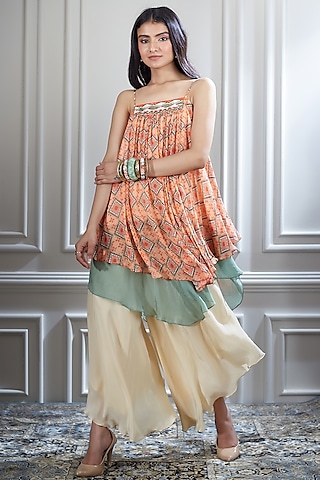 Orange Layered Top With Sharara Pants by Mandira Wirk - Indian
