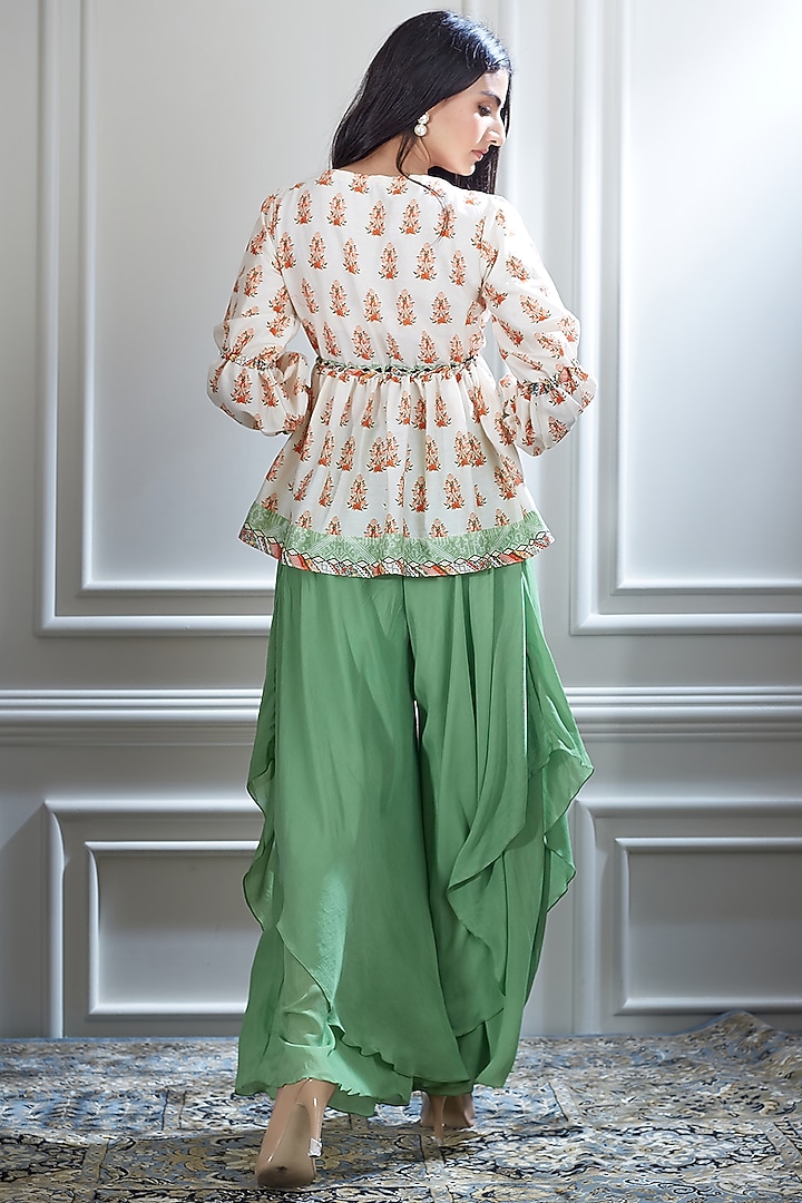 Ivory Printed Top With Green Party Wear Sharara Pants by Mandira Wirk - Indian at Pernia's Pop Up Shop