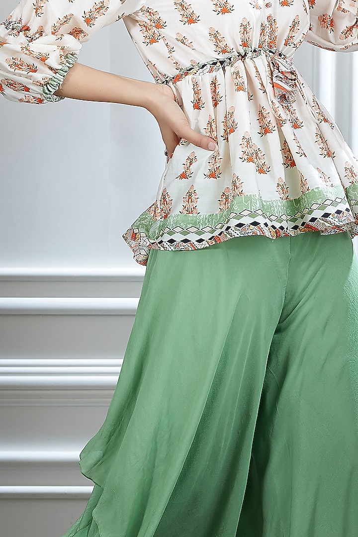Ivory Printed Top With Green Party Wear Sharara Pants by Mandira Wirk - Indian at Pernia's Pop Up Shop