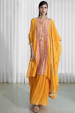 Mustard Block Printed Sharara Set by Mandira Wirk - Indian