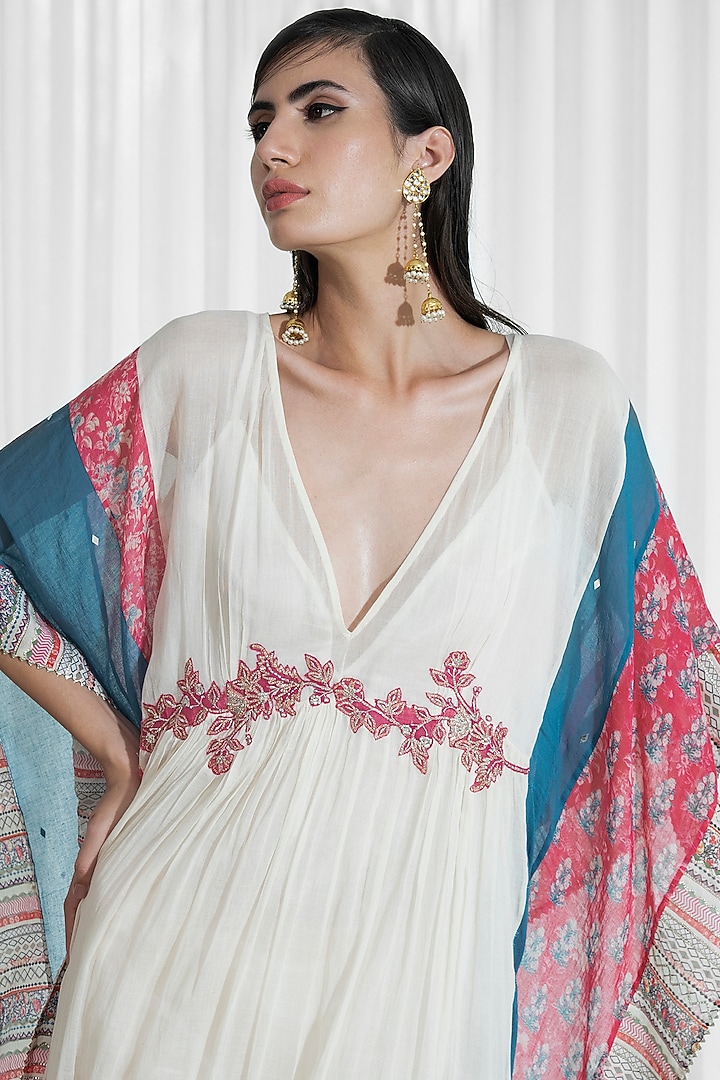 Ivory Chanderi Printed Kaftan Set by Mandira Wirk - Indian at Pernia's Pop Up Shop