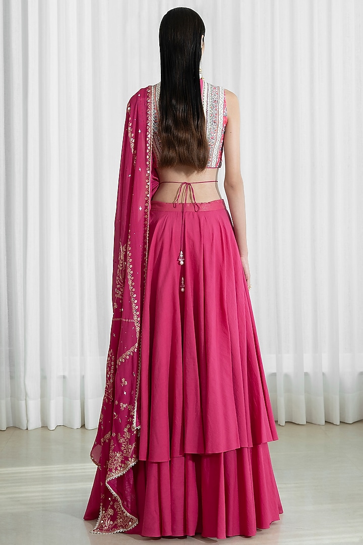 Fuchsia Printed Layered Wedding Lehenga Set by Mandira Wirk - Indian at Pernia's Pop Up Shop