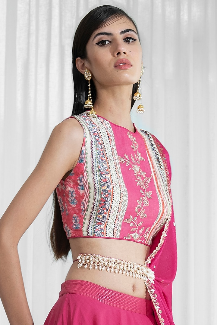 Fuchsia Printed Layered Wedding Lehenga Set by Mandira Wirk - Indian at Pernia's Pop Up Shop