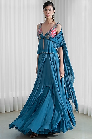 Aegean Blue Chiffon Saree Set by Mandira Wirk - Indian
