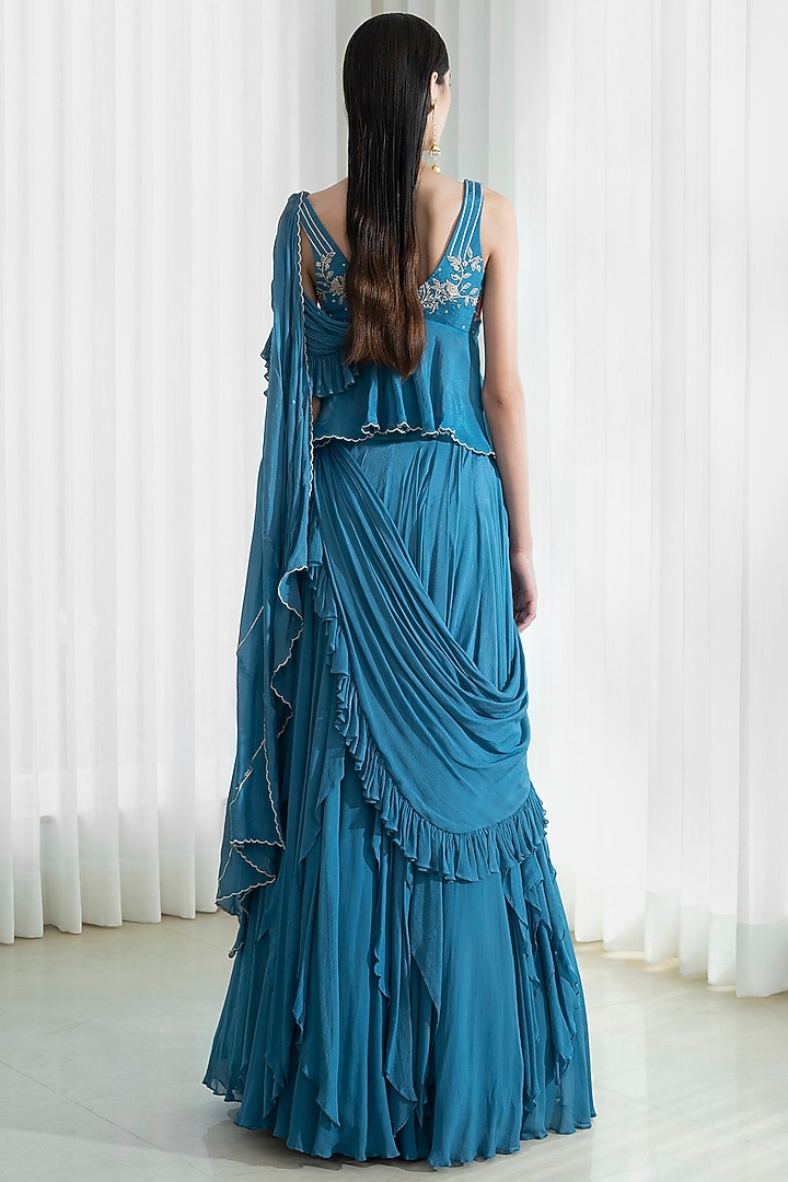 Aegean Blue Chiffon Wedding Saree Set by Mandira Wirk - Indian at Pernia's Pop Up Shop