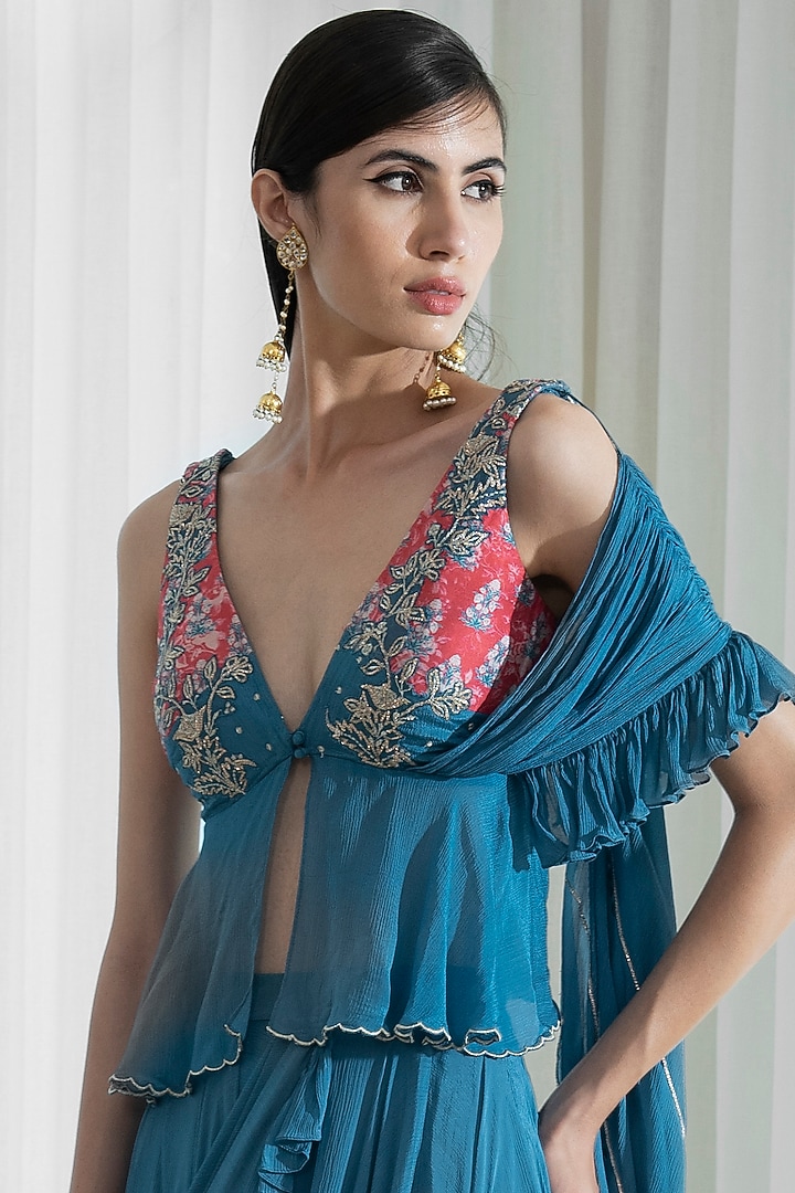 Aegean Blue Chiffon Wedding Saree Set by Mandira Wirk - Indian at Pernia's Pop Up Shop