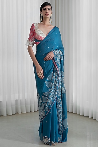Aegean Blue Chiffon Saree Set With Zari Work by Mandira Wirk - Indian