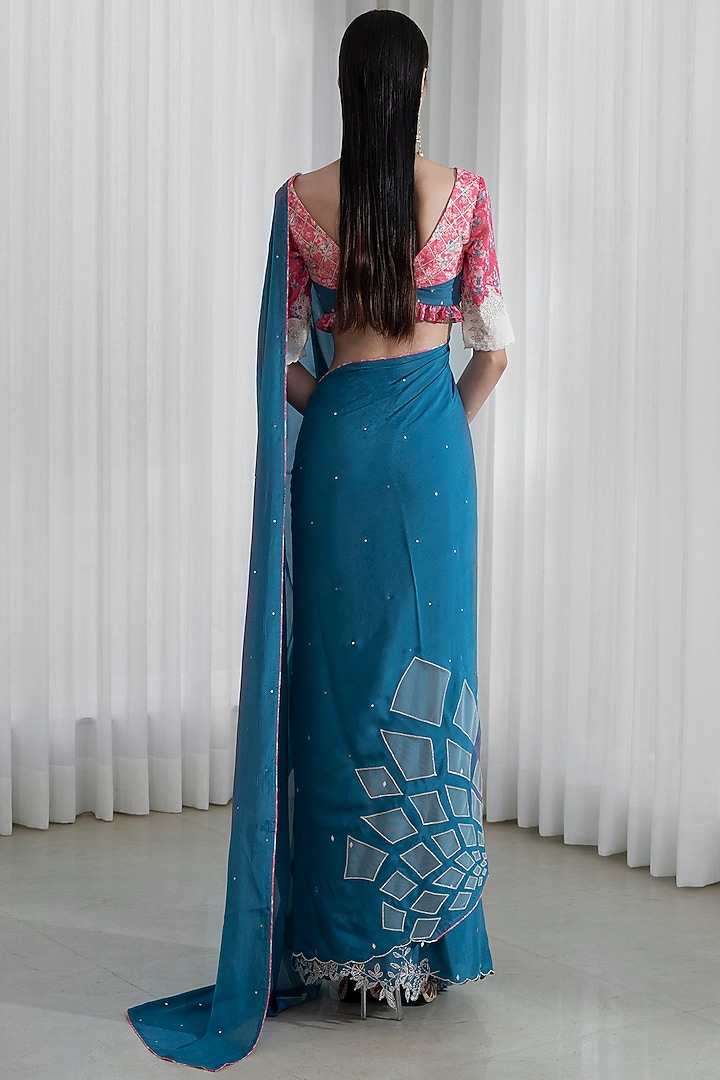 Aegean Blue Chiffon Wedding Saree Set With Zari Work by Mandira Wirk - Indian at Pernia's Pop Up Shop