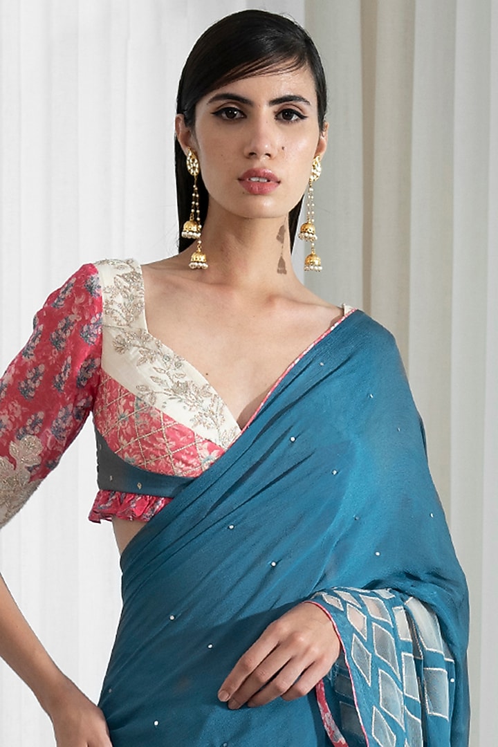 Aegean Blue Chiffon Wedding Saree Set With Zari Work by Mandira Wirk - Indian at Pernia's Pop Up Shop