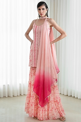 Peach Mulmul Sharara Set by Mandira Wirk - Indian