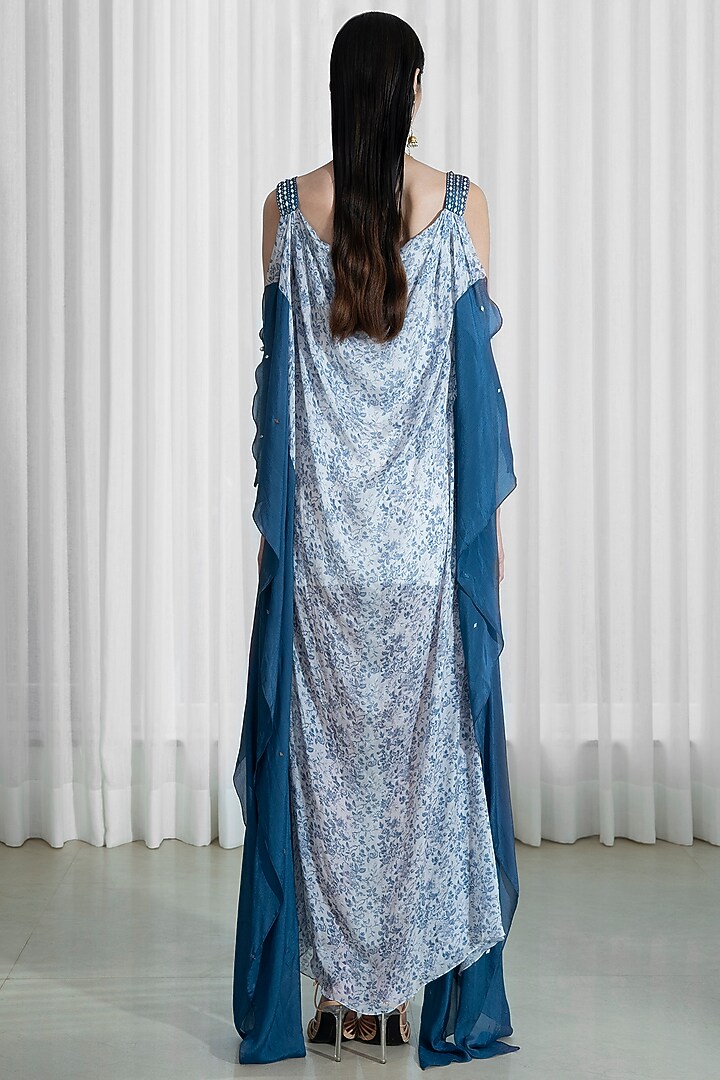 White & Aegean Blue Draped Kaftan Set by Mandira Wirk - Indian at Pernia's Pop Up Shop