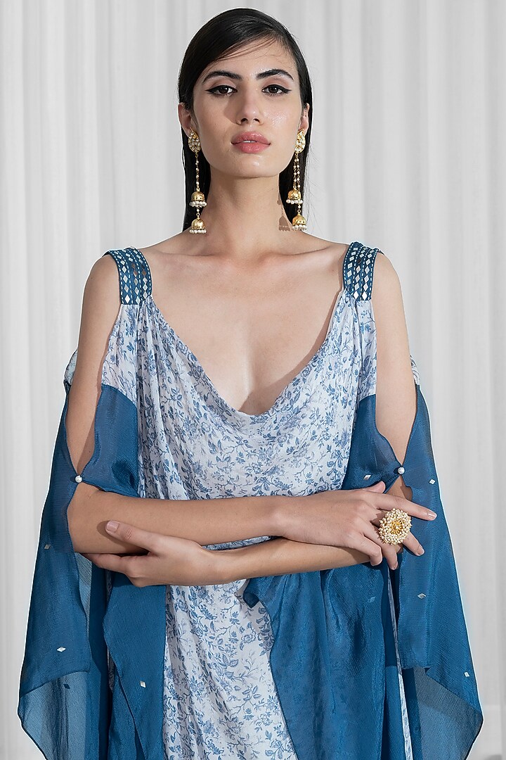 White & Aegean Blue Draped Kaftan Set by Mandira Wirk - Indian at Pernia's Pop Up Shop