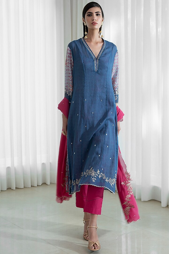 Indigo & Fuchsia Mulmul Kurta Set by Mandira Wirk - Indian at Pernia's Pop Up Shop