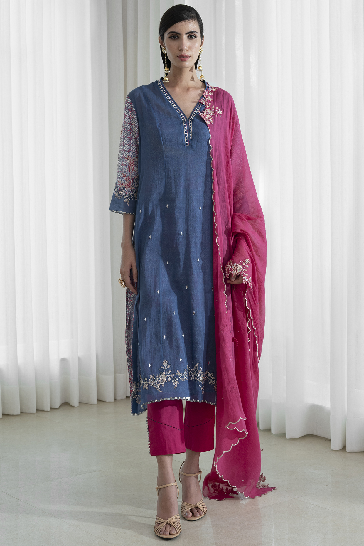 Indigo & Fuchsia Chanderi Kurta Set by Mandira Wirk - Indian at Pernia's Pop Up Shop