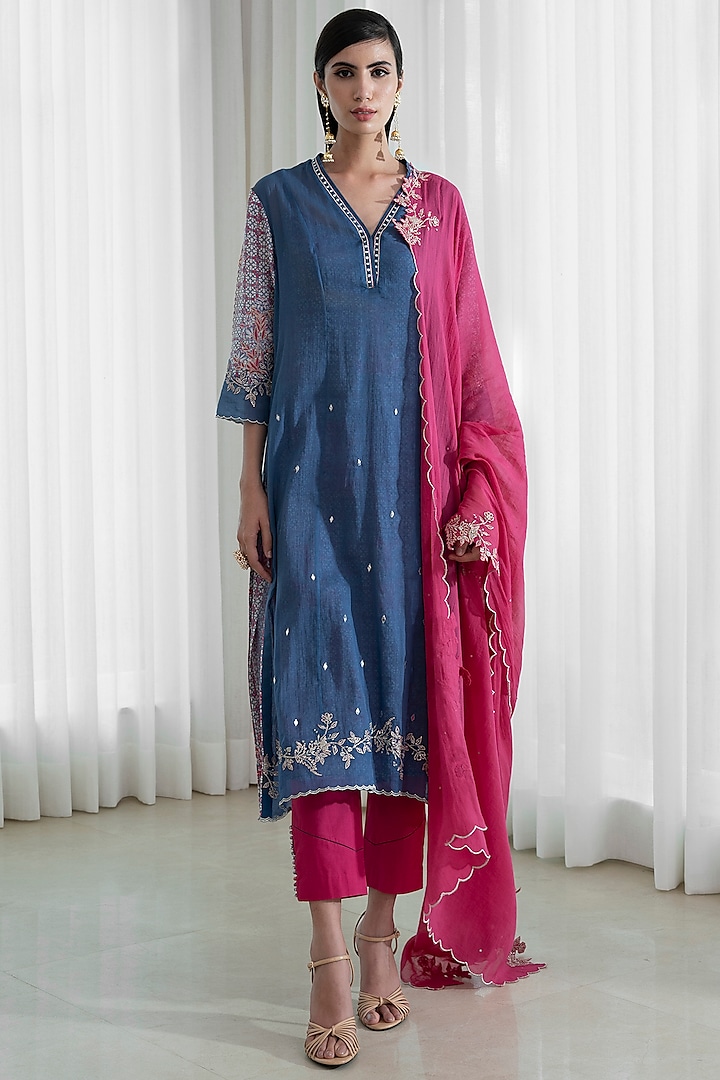 Indigo & Fuchsia Chanderi Kurta Set by Mandira Wirk - Indian at Pernia's Pop Up Shop