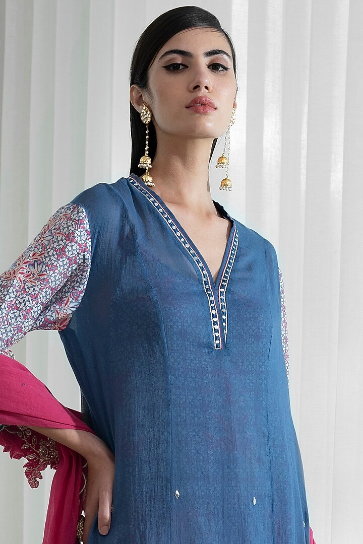 Indigo & Fuchsia Chanderi Kurta Set by Mandira Wirk - Indian at Pernia's Pop Up Shop