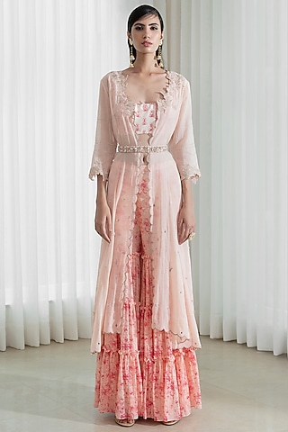 Peach Mulmul Jacket Set by Mandira Wirk - Indian