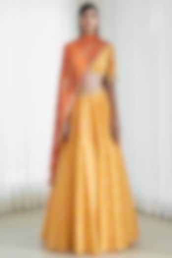 Mustard & Orange Printed Wedding Lehenga Set by Mandira Wirk - Indian at Pernia's Pop Up Shop