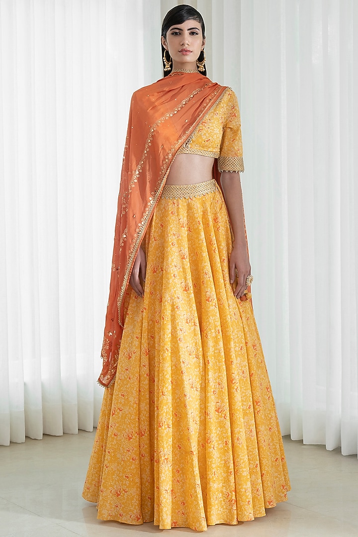 Mustard & Orange Printed Wedding Lehenga Set by Mandira Wirk - Indian at Pernia's Pop Up Shop
