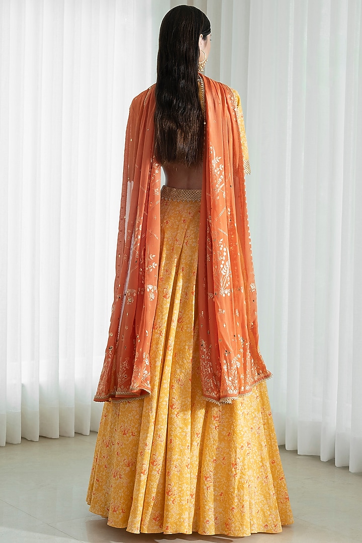 Mustard & Orange Printed Wedding Lehenga Set by Mandira Wirk - Indian at Pernia's Pop Up Shop