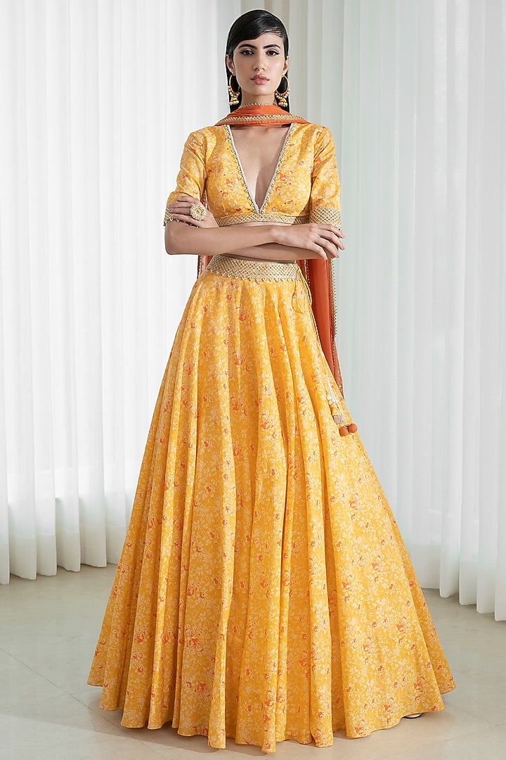 Mustard & Orange Printed Wedding Lehenga Set by Mandira Wirk - Indian at Pernia's Pop Up Shop