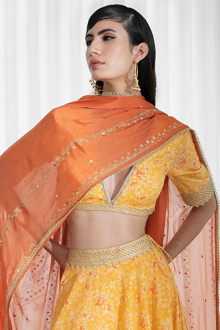 Mustard & Orange Printed Wedding Lehenga Set by Mandira Wirk - Indian at Pernia's Pop Up Shop