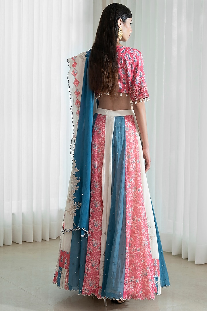 Fuchsia Pink & Aegean Blue Mulmul Wedding Lehenga Set by Mandira Wirk - Indian at Pernia's Pop Up Shop