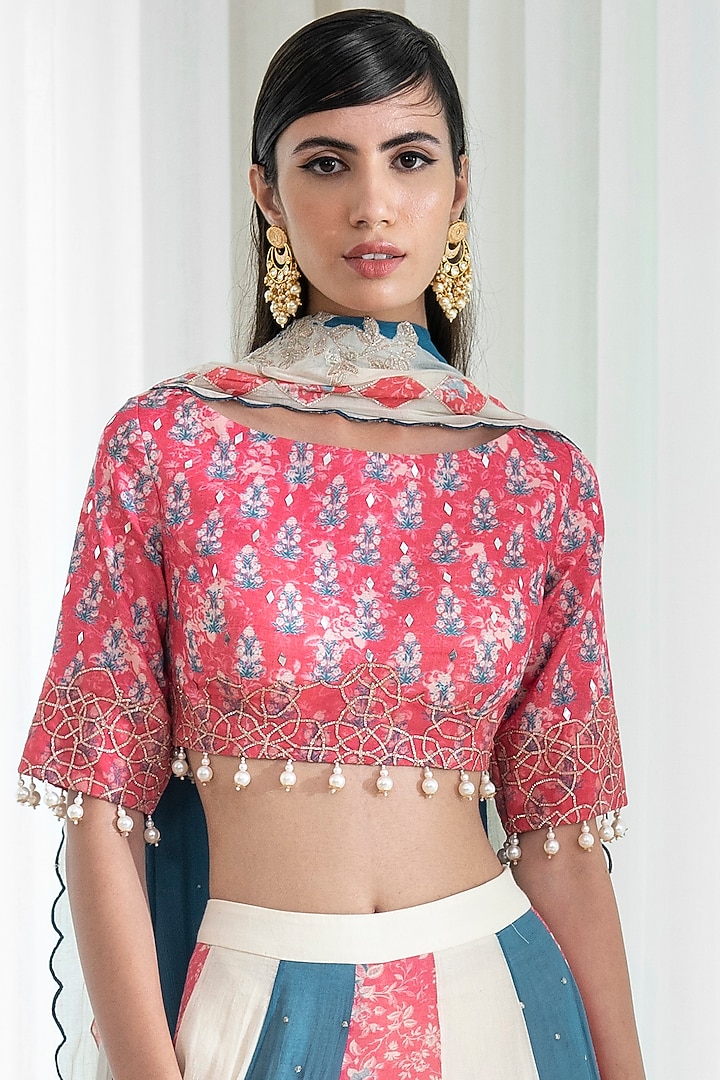 Fuchsia Pink & Aegean Blue Mulmul Wedding Lehenga Set by Mandira Wirk - Indian at Pernia's Pop Up Shop