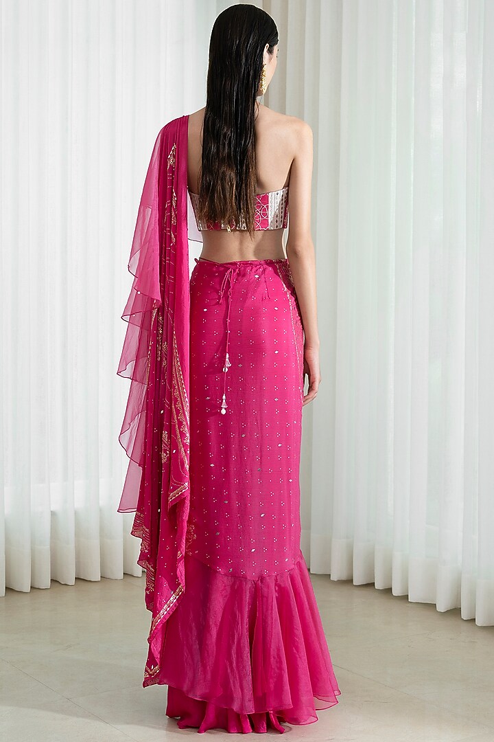 Fuchsia Chiffon Printed & Mirror Work Draped Wedding Lehenga Saree Set" by Mandira Wirk - Indian at Pernia's Pop Up Shop