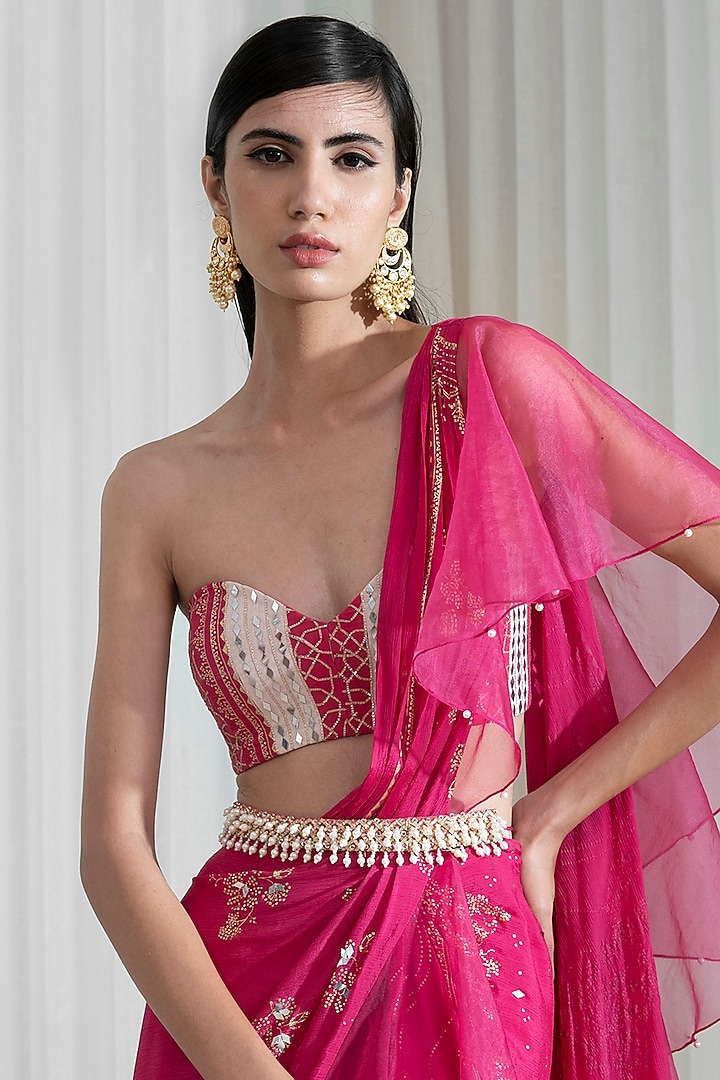 Fuchsia Chiffon Printed & Mirror Work Draped Wedding Lehenga Saree Set" by Mandira Wirk - Indian at Pernia's Pop Up Shop