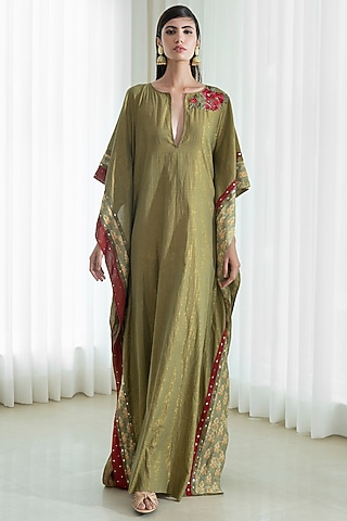 Leaf Green Embroidered Kaftan by Mandira Wirk - Indian