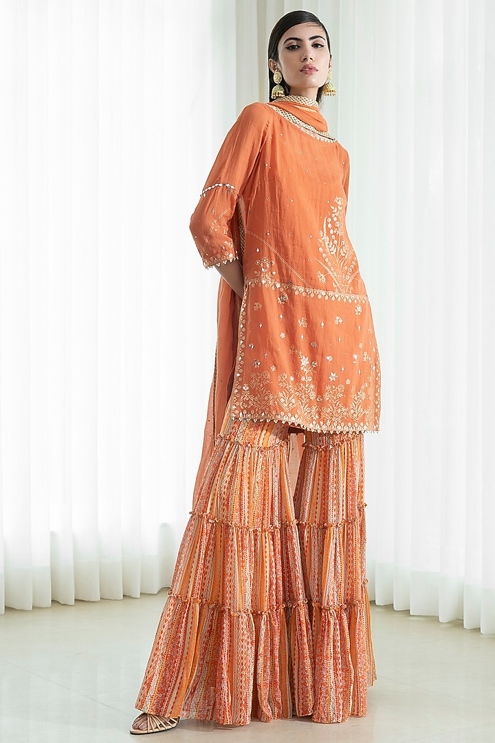Rust Chanderi Tiered Wedding Sharara Set by Mandira Wirk - Indian at Pernia's Pop Up Shop