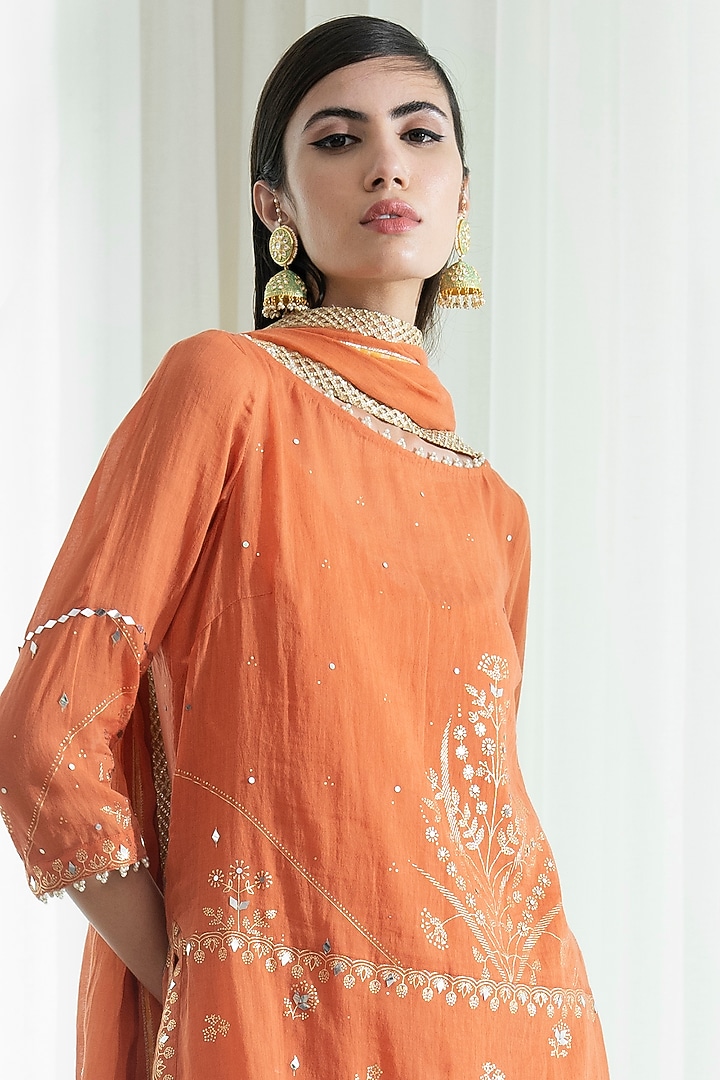 Rust Chanderi Tiered Wedding Sharara Set by Mandira Wirk - Indian at Pernia's Pop Up Shop