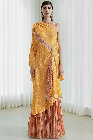 Mustard & Orange Printed Sharara Set by Mandira Wirk - Indian