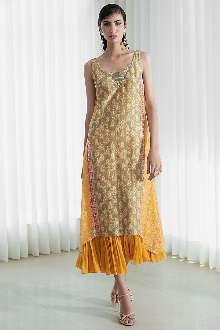 Leaf Green & Mustard Printed Asymmetrical Dress by Mandira Wirk