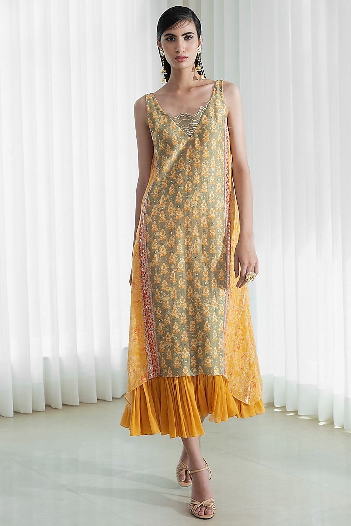 Leaf Green & Mustard Printed Asymmetrical Dress by Mandira Wirk at Pernia's Pop Up Shop