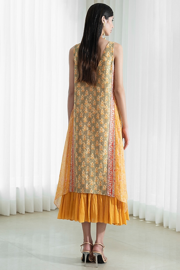 Leaf Green & Mustard Printed Asymmetrical Cocktail Dress by Mandira Wirk - Indian at Pernia's Pop Up Shop