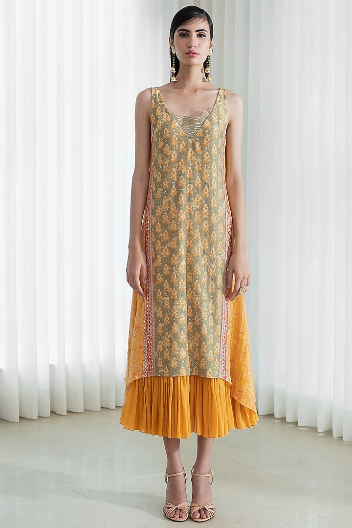 Leaf Green & Mustard Printed Asymmetrical Cocktail Dress by Mandira Wirk - Indian at Pernia's Pop Up Shop