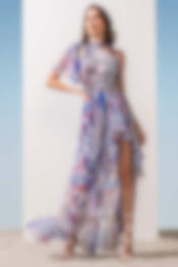 Blue Printed Asymmetrical Cocktail Dress by Mandira Wirk - Resort at Pernia's Pop Up Shop