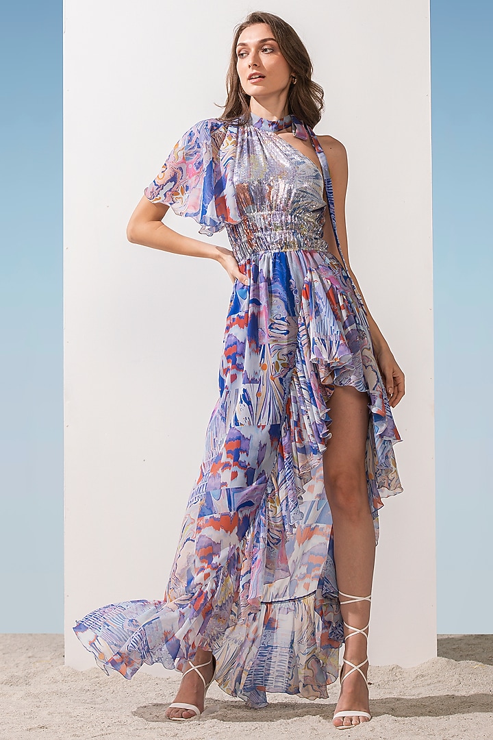 Blue Printed Asymmetrical Cocktail Dress by Mandira Wirk - Resort at Pernia's Pop Up Shop