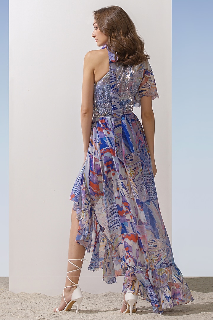 Blue Printed Asymmetrical Cocktail Dress by Mandira Wirk - Resort at Pernia's Pop Up Shop