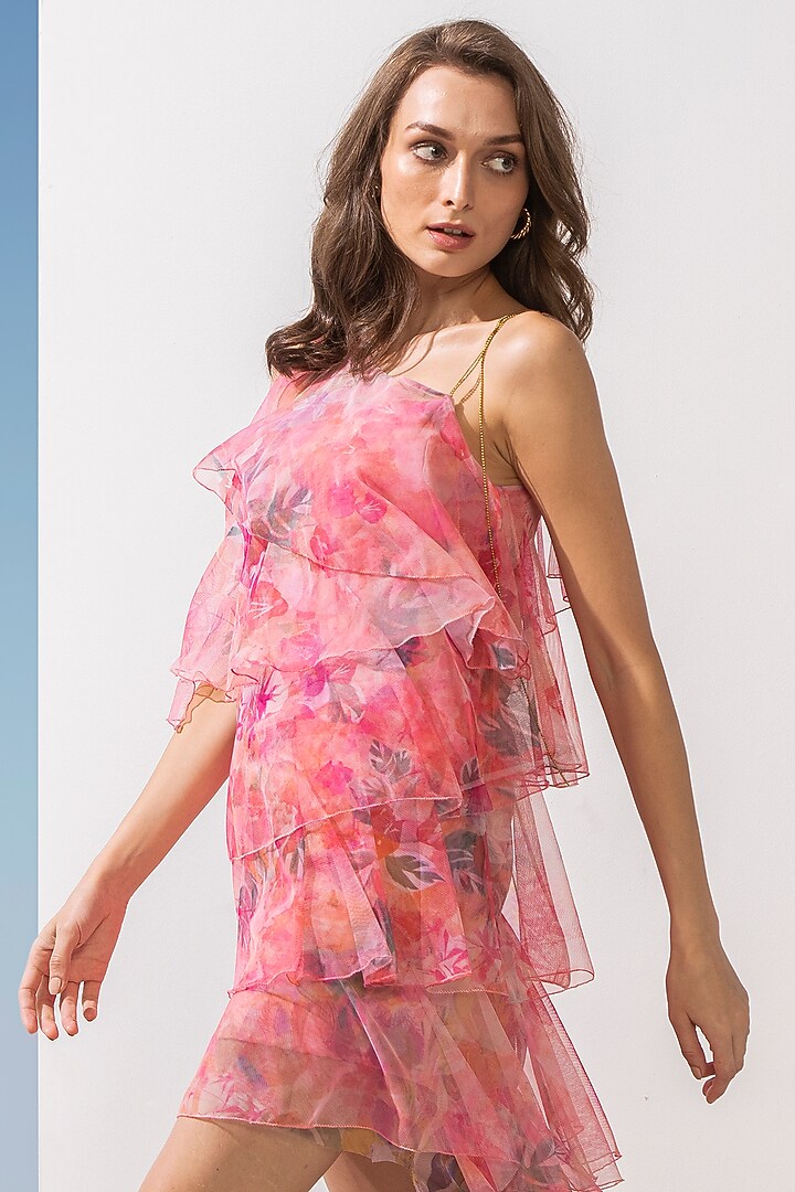 Dark Pink Printed Tiered Vacation Dress by Mandira Wirk - Resort at Pernia's Pop Up Shop