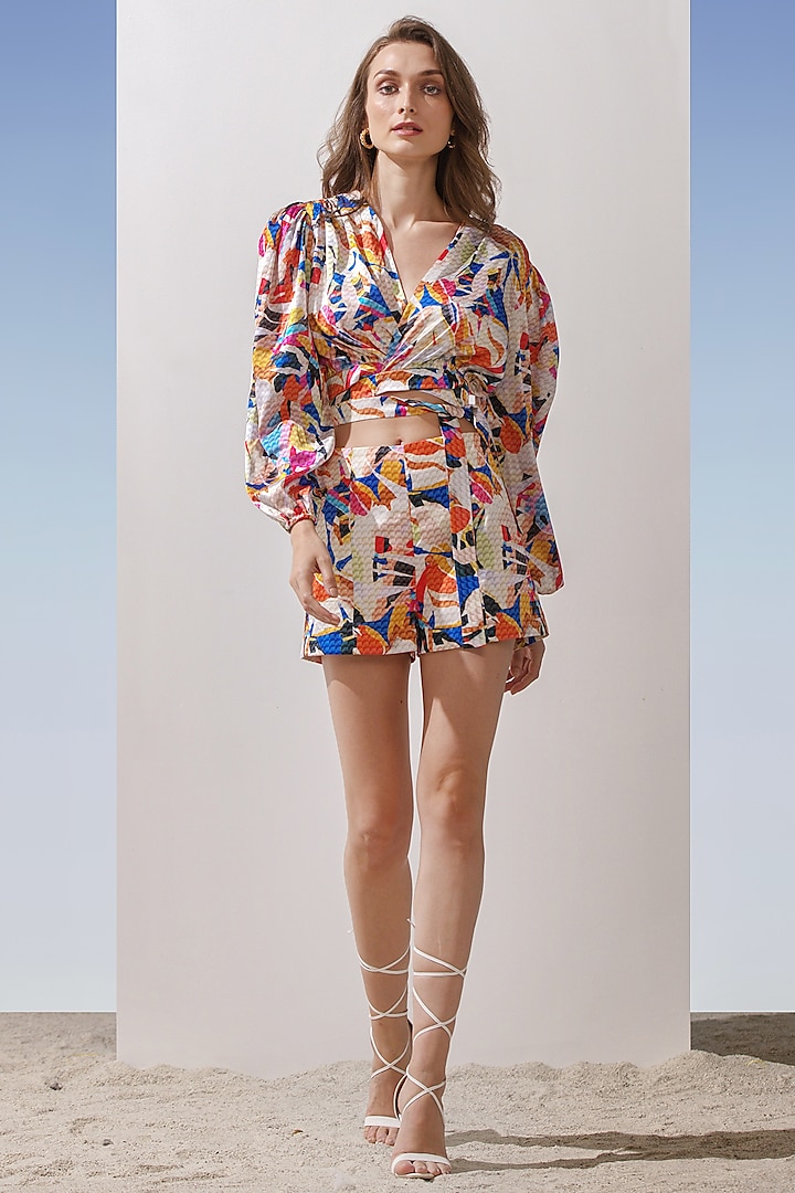 Multi-Colored Satin Printed Skirt Set by Mandira Wirk