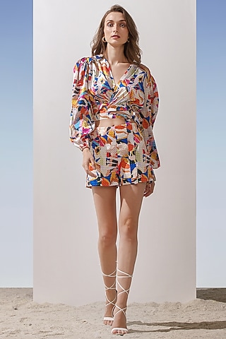 Multi-Colored Satin Printed Skirt Set by Mandira Wirk - Resort
