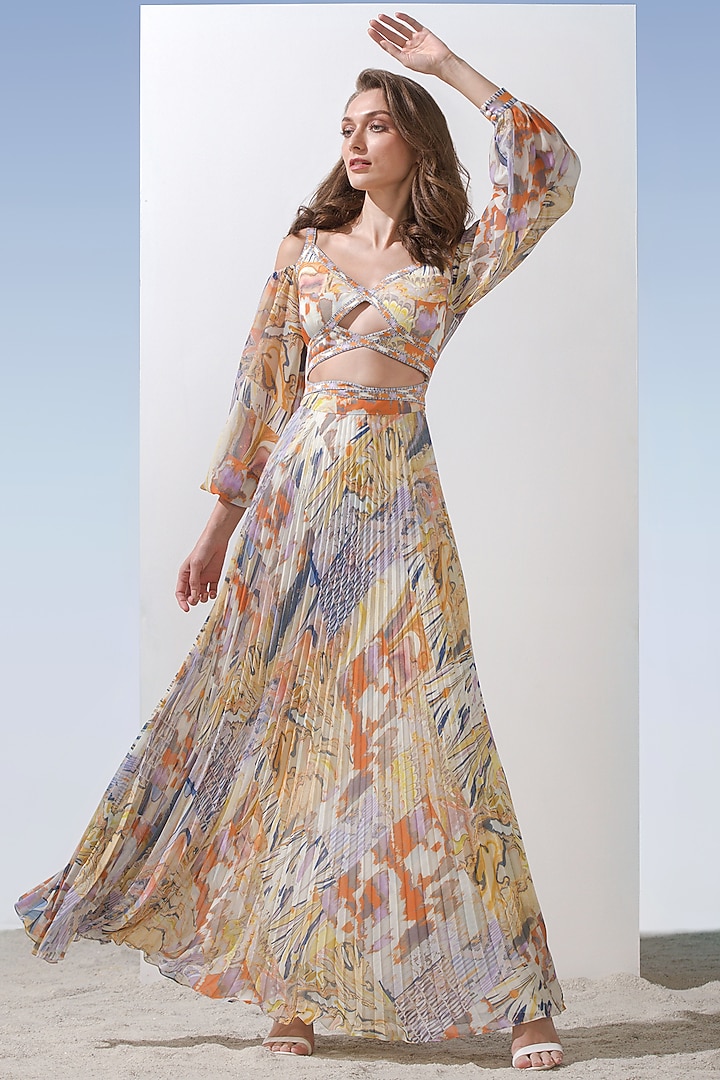 Yellow Satin Printed Cutout Cocktail Dress by Mandira Wirk - Resort at Pernia's Pop Up Shop